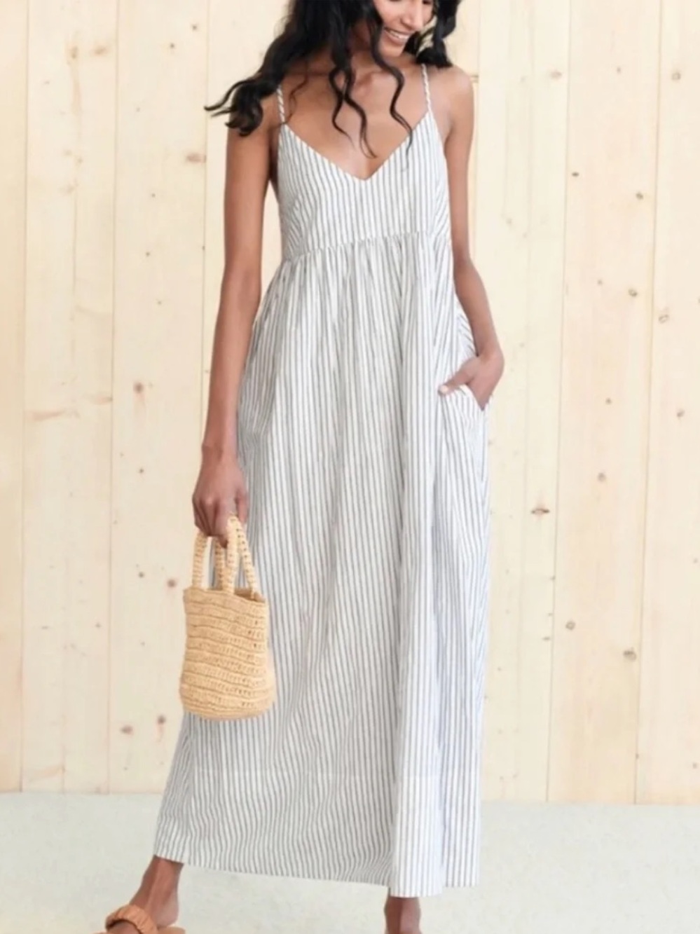 Jenni Kayne Sleeveless V-Neck Maxi Cove Dress Large Navy Stripe Quiet Luxury